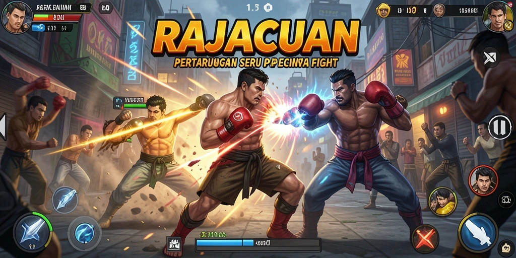 Tampilan gameplay seru dalam RAJACUAN yang menunjukkan aksi bertarung.