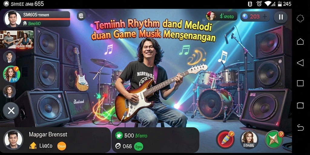Tangkapan layar SM605 menunjukkan gameplay seru dengan berbagai alat musik.